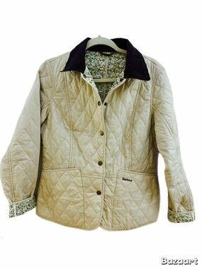 Barbour Quilted Cream Jacket Contrast Corduroy Collar and floral lining 8 EUC